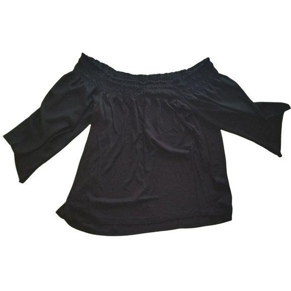 Loft Size M Black Contrasting Sheer Peasant Blouse Off Shoulder Flared Sleeves - Picture 2 of 12